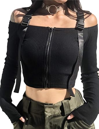 iticat Womens Long Sleeve Ribbed Shirt Black Goth Off Shoulder Crop Top