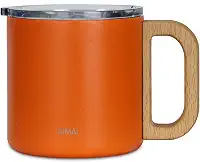 LUMAI Caneca Térmica Vietnã 350ml Aço Inoxidável, Parede Dupla Isolada a Vácuo, Mantém Bebidas Quentes ou Frias por Horas, Tampa Vedada Antivazamento, Alça de Madeira – Laranja