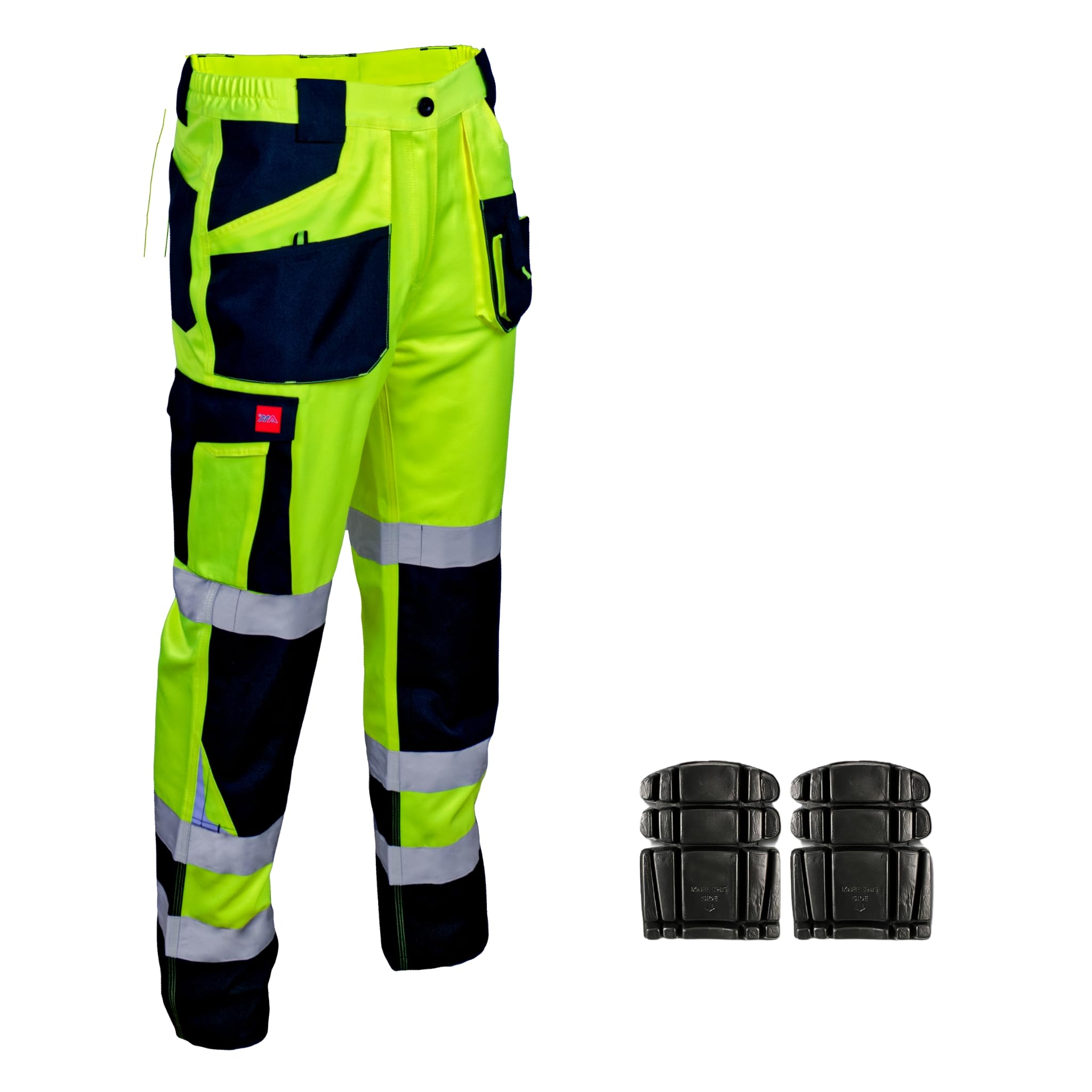 Art.mas Men's Yellow Professional Hi-Vis Trousers - Heavy-Duty Construction Work Pants - Reflective Bands - Comfort & Tear-Resistant - Knee Reinforcet - En Iso 20471 (42/44 Inch - 60Eu With Knee Pads)