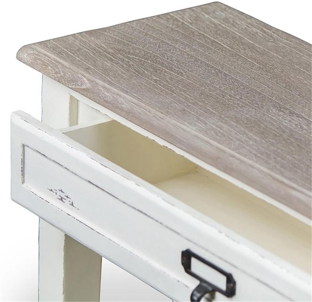 BOWERY HILL 32" Console Table, Distressed White MDF Frame, Mindi Wood Top with Natural Veneer, 1 Drawer, 2 Shelves, Black Metal Handles, Traditional French Style for Living Room Storage and Decor