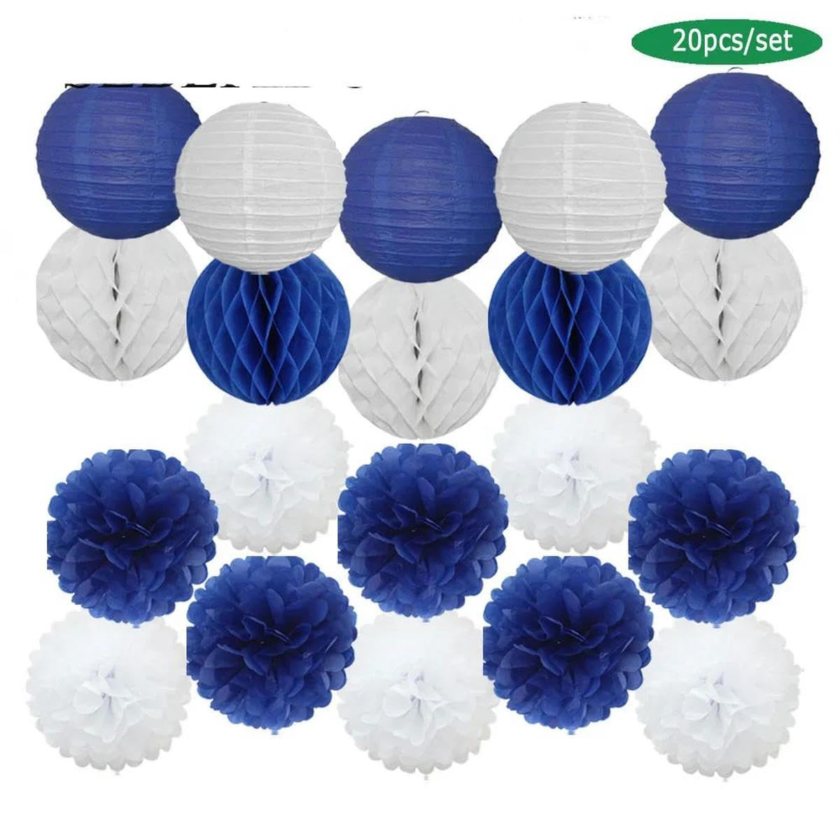 Hochzeitsgeschenk, weißes Set, 15,2 cm, 20,3 cm, 25,4 cm, 30,5 cm, rund, Papierlaternenball, Wabengewebe, Pompom, rosa, blaues Dekor, Silberblau, M, 25 cm (10 Zoll)