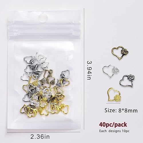 Miniatura 7 de 40 dijes de uñas de corazón dorado huecos de amor suministros de arte de uñas de metal brillante plata antigua dorada corazón colgante de uñas para