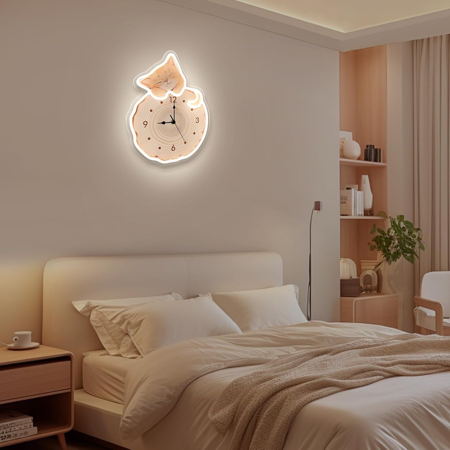 Silent Sleepy Cat Shaped Lighted Clock, LED Night Light Wood Slice Decor Clock For Bedroom, Nursery, Living Room, Kids Room, Cat Lovers Gift