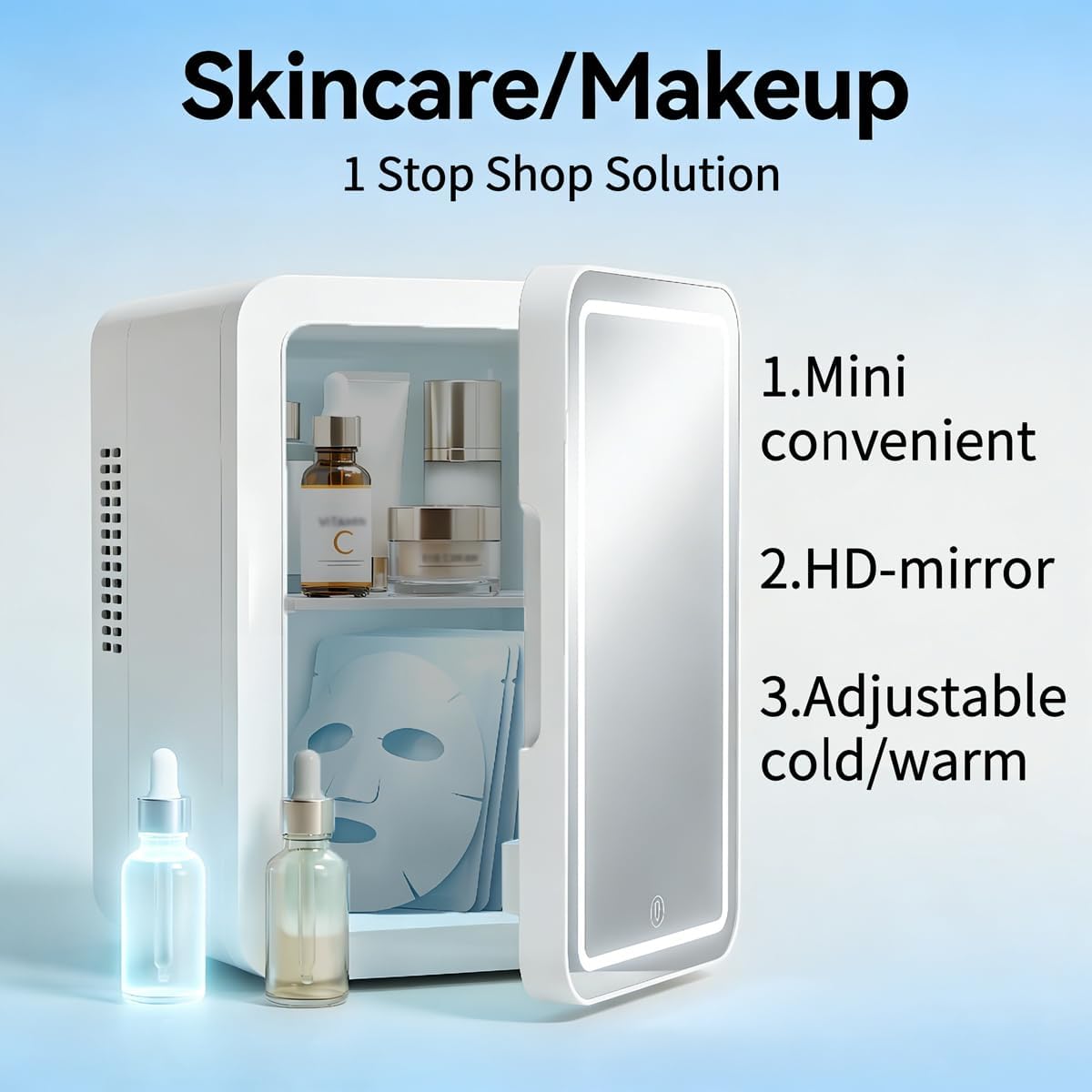 Lispin Mini Fridge for Bedroom, 4L Skincare Fridge with Dimmable LED Light Mirror for Dorm & Office, Portable Cooler & Warmer Small Compact Refrigerator for Skincare (White-4L)