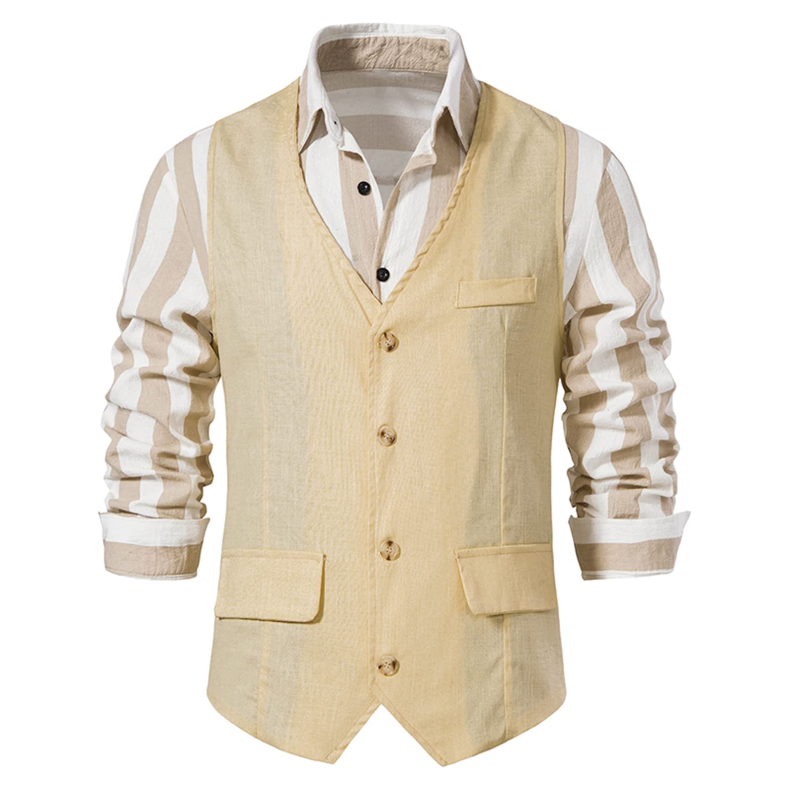 Męskie lniane kamizelki garniturowe Solidne kamizelki jednorzędowe dla mężczyzn Garnitur formalny Kamizelka do sukienki Kamizelka Slim Fit Business Retro Kamizelka V Neck Business Casual Kamizelka B