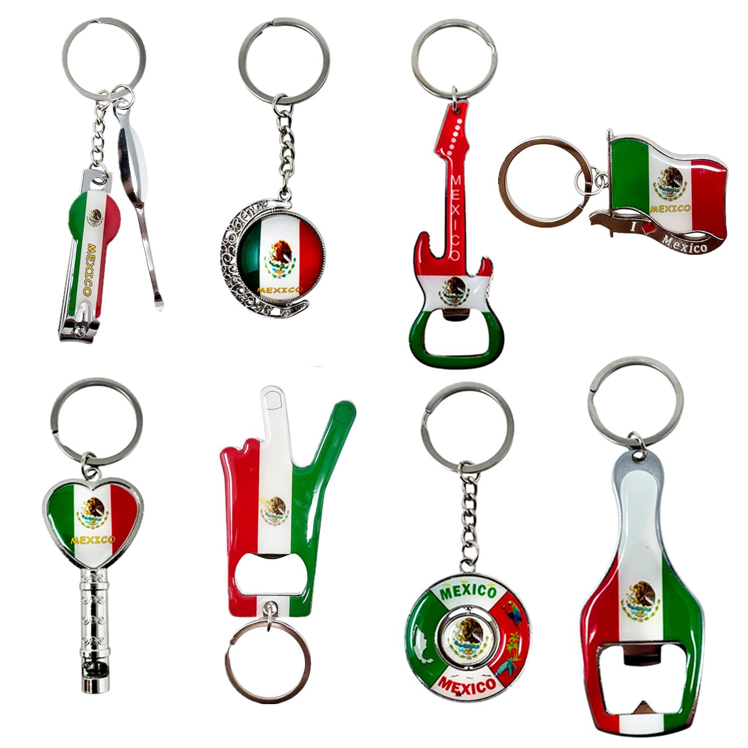 TSY TOOL 8 Pack of Mexico Keychain Souvenir, Charms, 3 Bottle Opener, Nail Clipper, Mexican Flag, Mexico Keychains Gift Bundle, Bulk Mexico Souvenirs Set