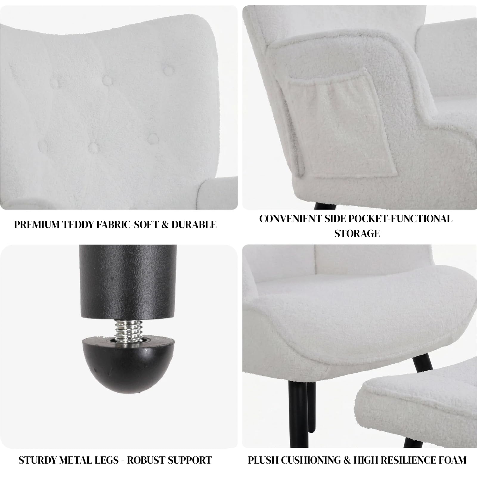 Clevich Ohrensessel - Gemütlicher Loungesessel mit Hocker, Lesesesselaus, Chenille Armchair für Wohnzimmer & Schlafzimmer - Bis 168kg (Weiß)