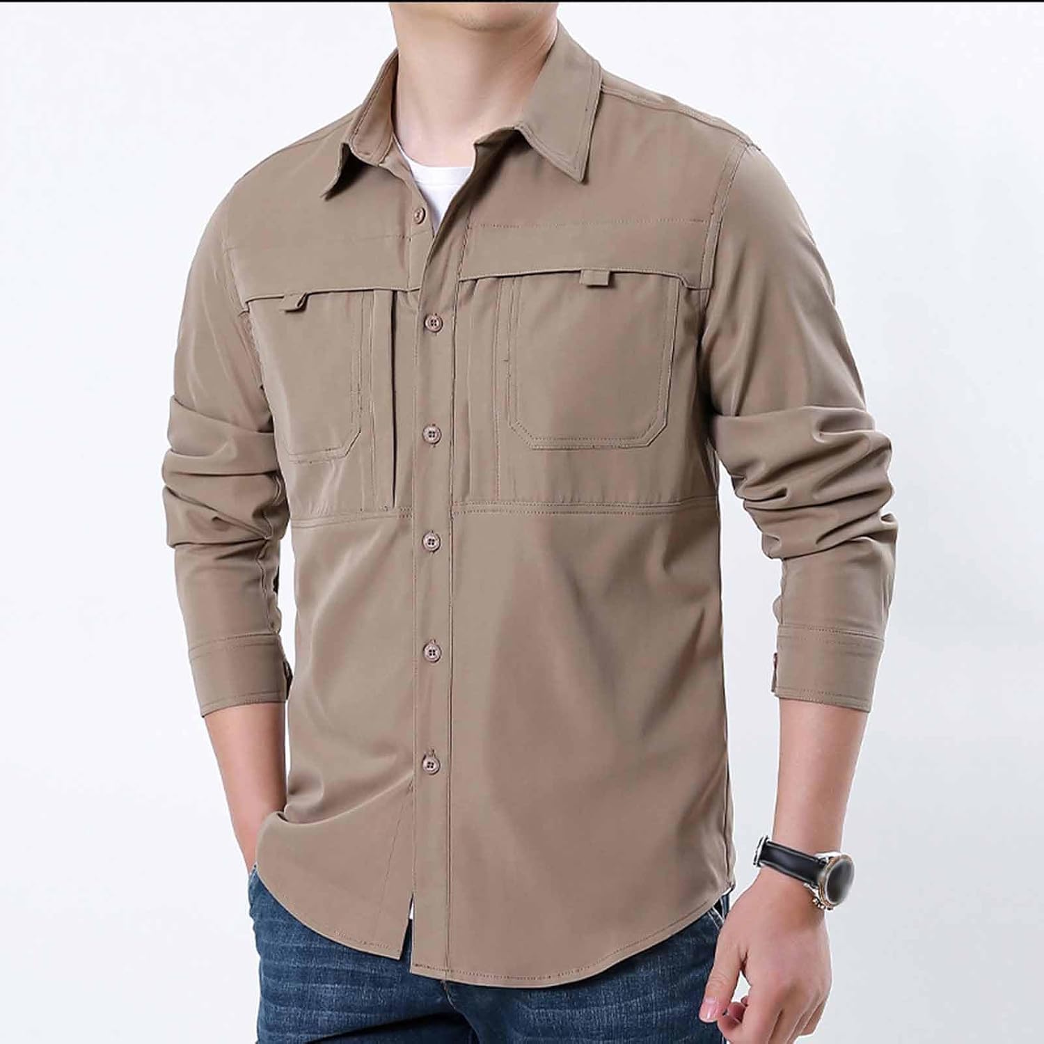 Mens Tactical Shirt Long Sleeve Collared Button Down Breathable Blouses Quick Dry Outdoor Work Tops with Pockets