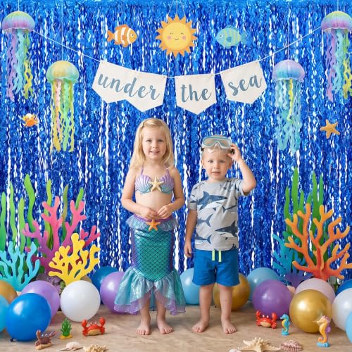 Image of TONIFUL 2Pcs Wavy Deep Blue Metallic Foil Fringe Curtain Laser Streamers | 3.3ftx6.6ft Ocean Themed Baby Shower Photo Booth Backdrop Door Streamer for Birthday Under The Sea Summer Pool Beach Party