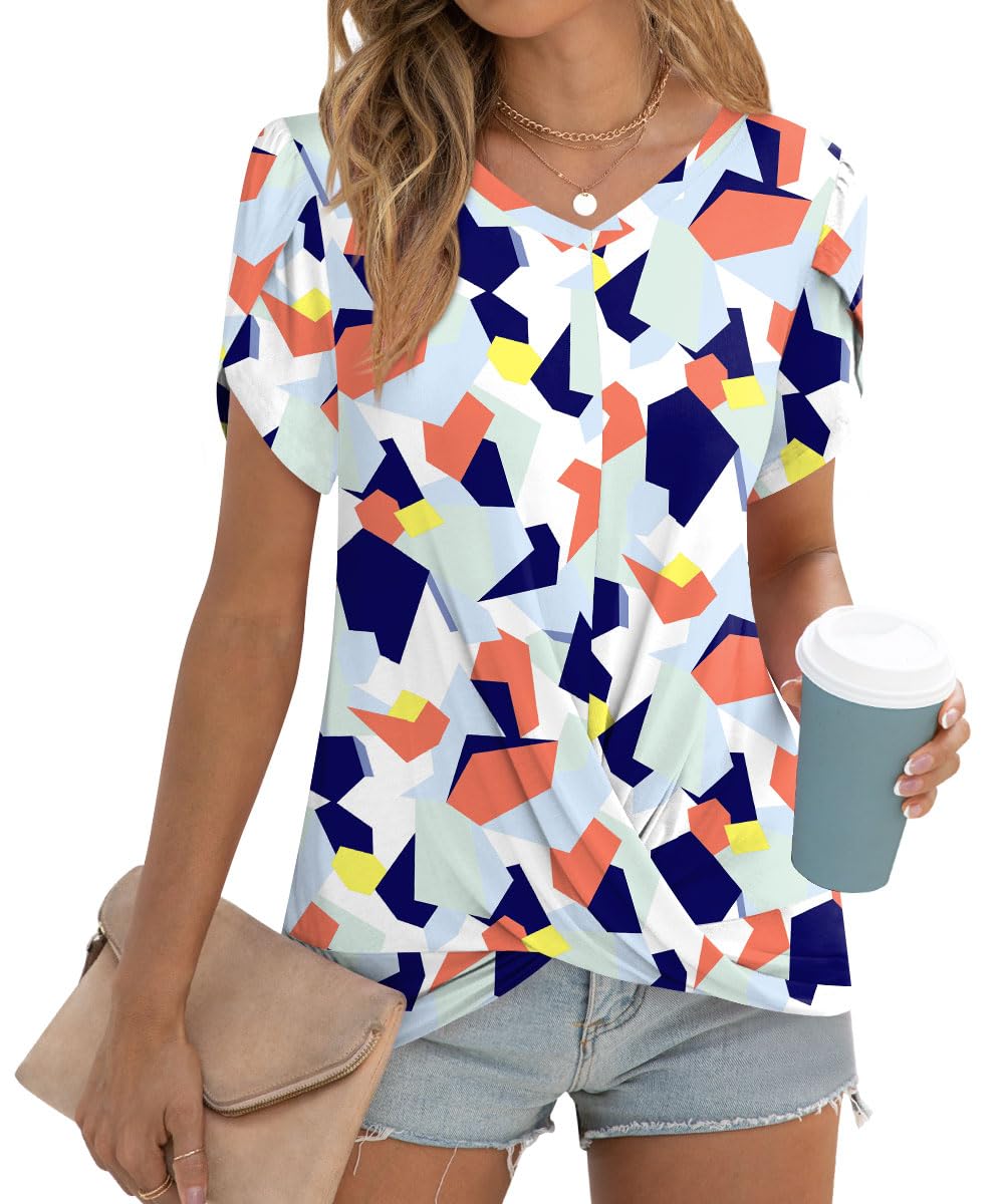 AddtooWomens Casual 2025 Tunic Summer Twist Front Tops Short Sleeve Blouse V-neck Loose Tshirt