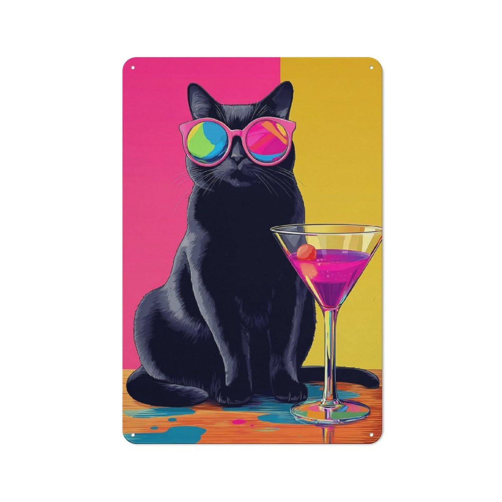 Junmoney Chill Cat With Cocktail Decorative Tin Plaque With Design 30X20cm, Classic Novelty Wall Art For Flat, Dorm Room, Lounge Or Cafe