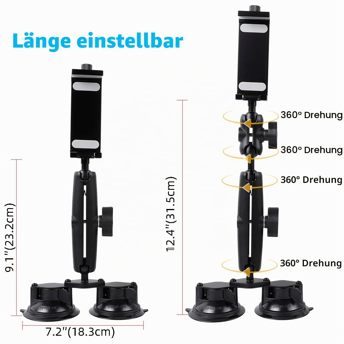 Aluminium-Tablet-Halterung für alle iPads, 360° verstellbar, sichere Doppel-Saugnapfhalterung für Auto, LKW, Windschutzscheibe, Sonnendach, kompatibel mit iPad Pro 12,9 Mini Air, Galaxy Tabs und