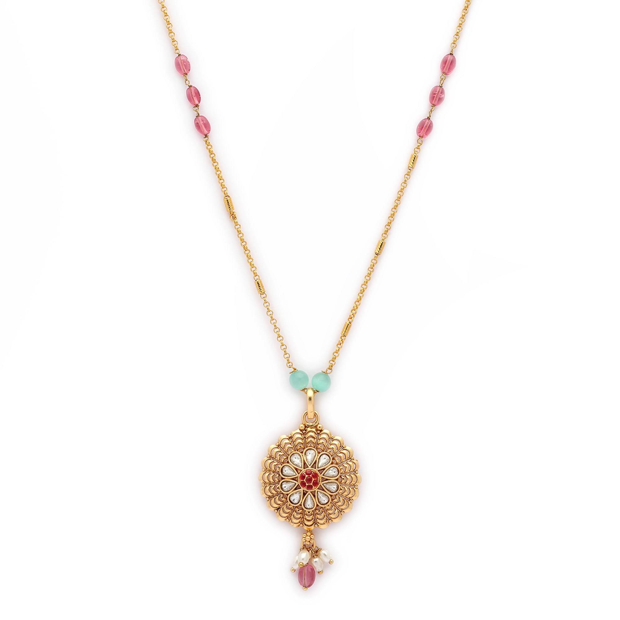zeneme Gold-Plated Traditional Ethnic Floral & Moon Pendant Necklace for Women Handcrafted Beaded Chain with Kundan & Stone Accents Ethnic Earrings with Pearl Drops For Girls-picture-21