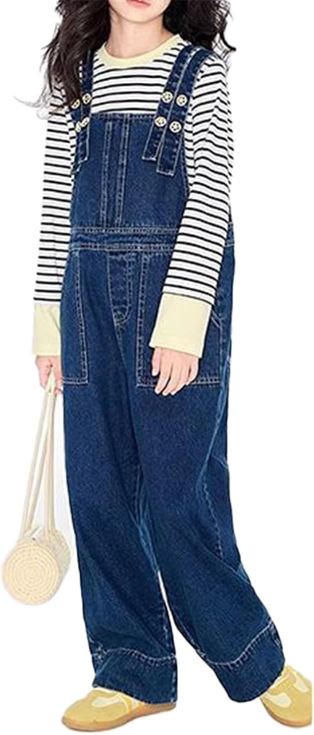 Teen Girls Denim Overalls Outfit for Kids Bibs Straight Wide Leg Jean Jumpsuit Tween Spring Insulated Casual Coveralls