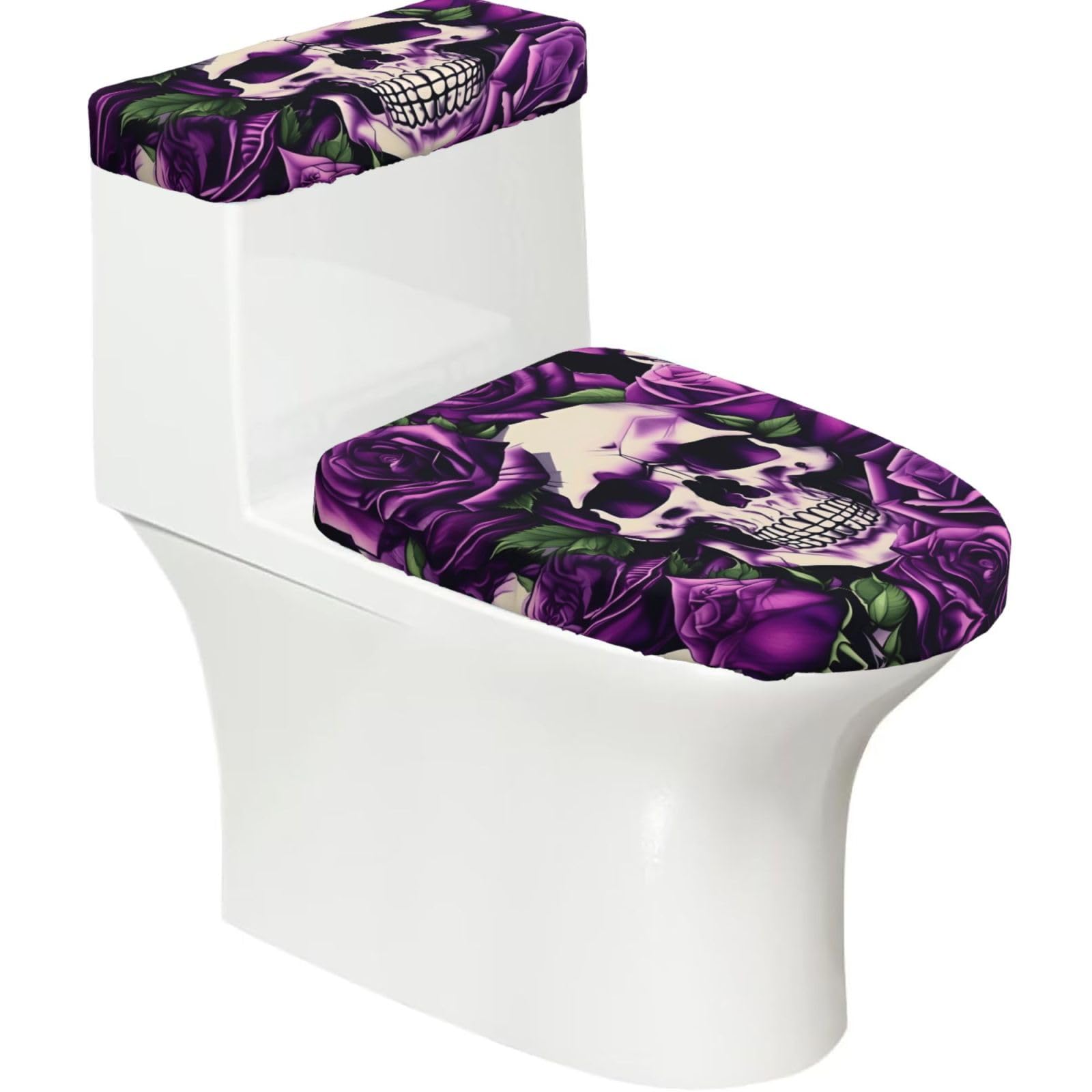 Many Purple Rose Skull Printed Toilet Tank and Lid Cover Set of 2 for Most Bathrooms, Fits Elongated Round Toilets