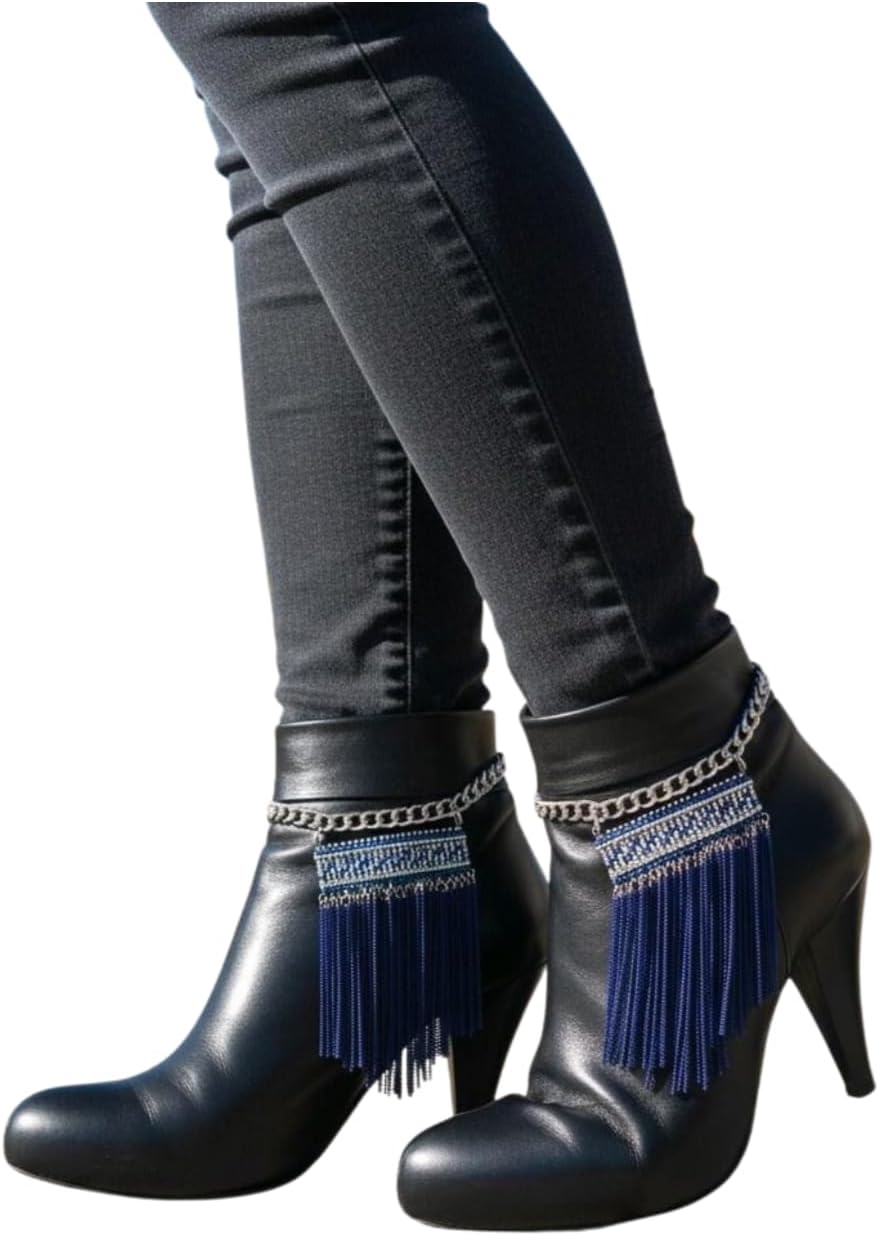 TrendyFashionJewelry Women Western Boot Chain Silver Metal Bling Bracelet Anklet Heel Blue Tassel Fringes Ethnic Style Charm PAIR BC258