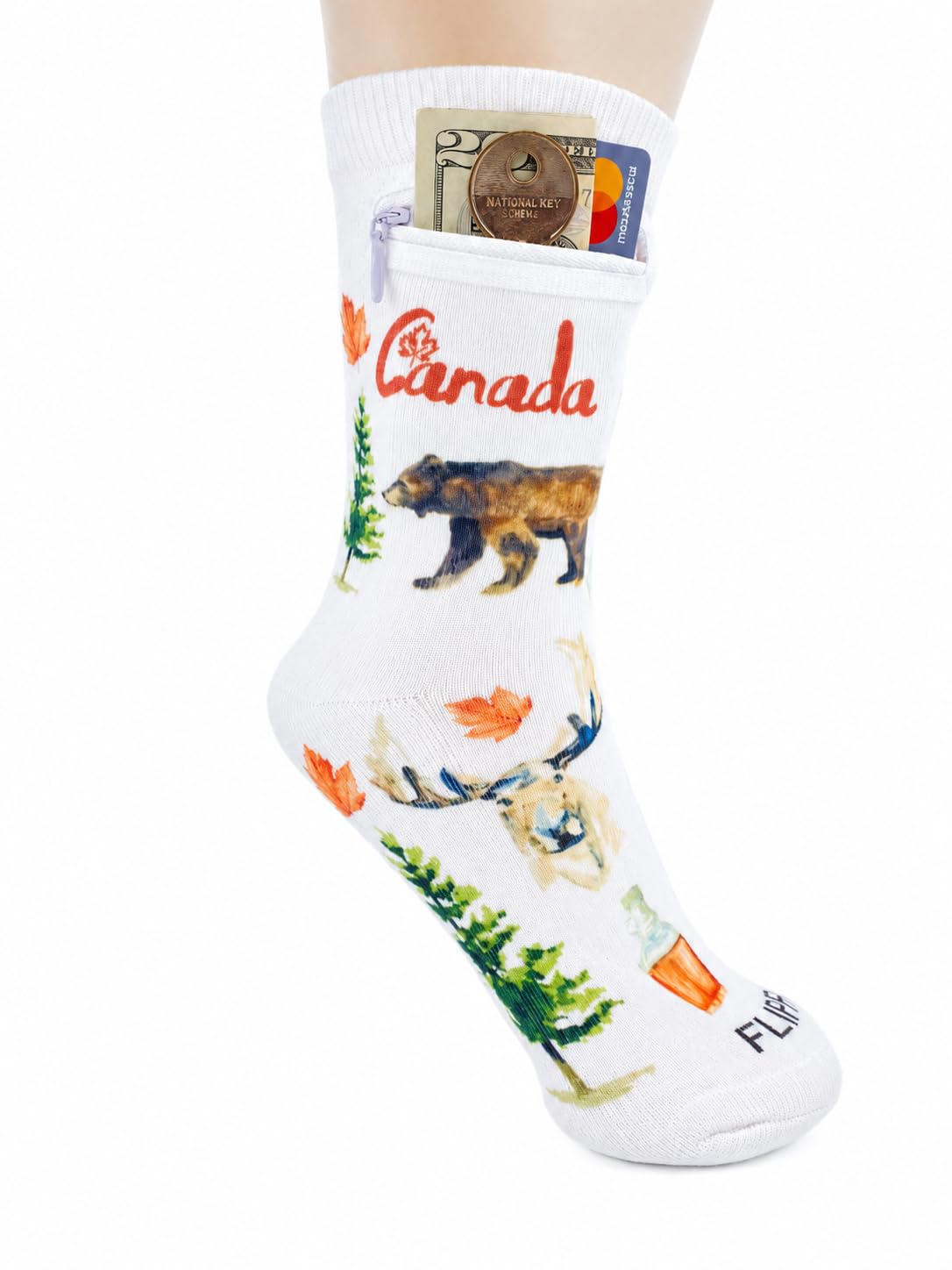 Zipper Sock Wallet - Cotton &amp; Polyester Zipper Socks with Pockets - Fits shoe size 6-13