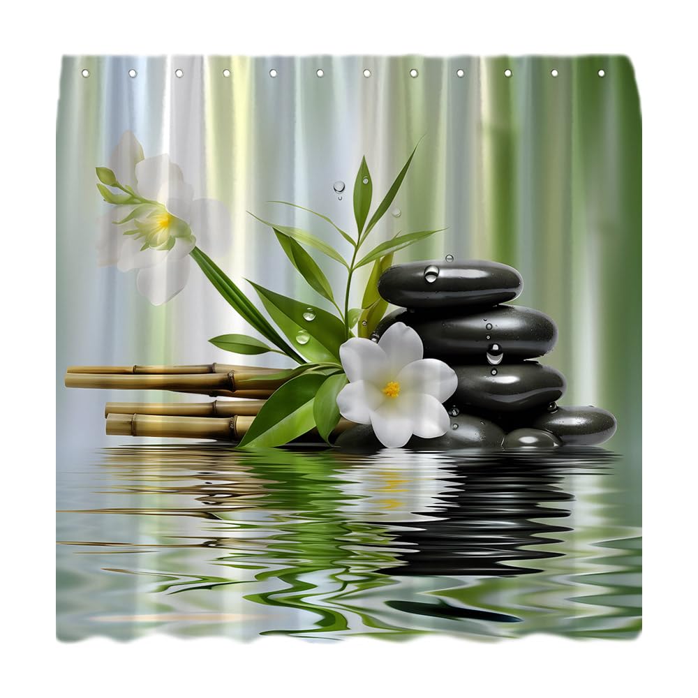 CCNSTMS Stone Bamboo Shower Curtain Wild Grass Relaxing Art Theme Bathroom Decor Curtain Set with Hook