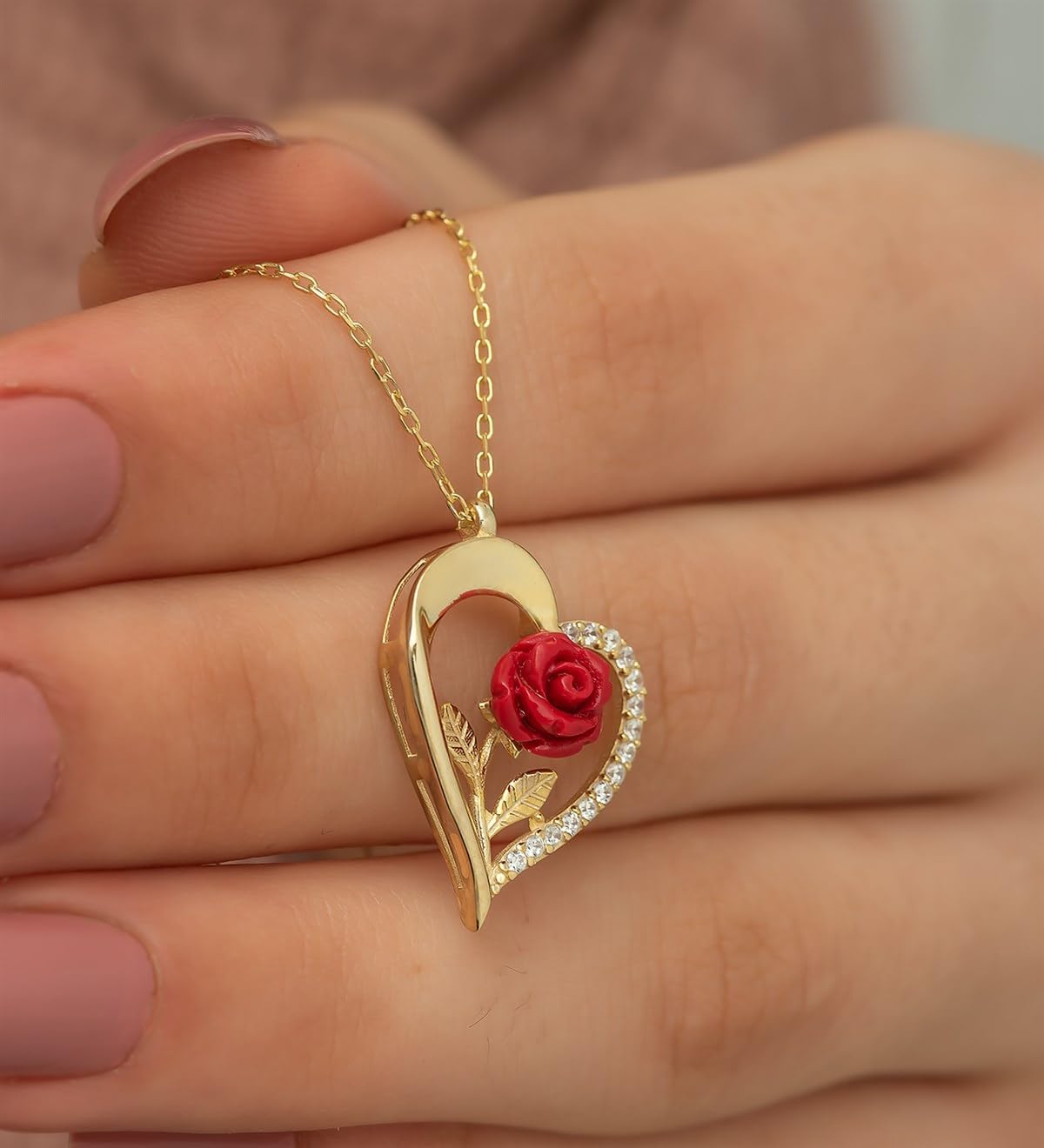 925 Sterling Gold Red Rose Heart Women's Silver Necklace