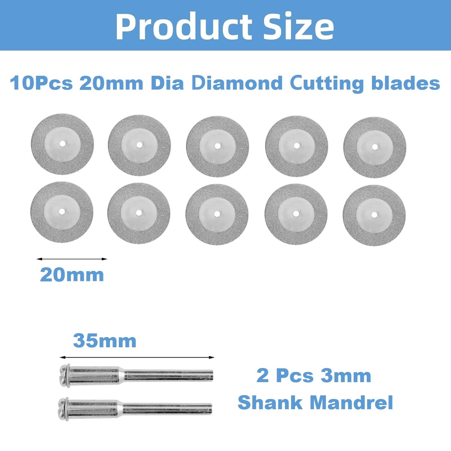 MiJunHD 10PCS 20mm Diamond Cutting Discs & 2PCS 3mm Shank Mandrel - Image 2