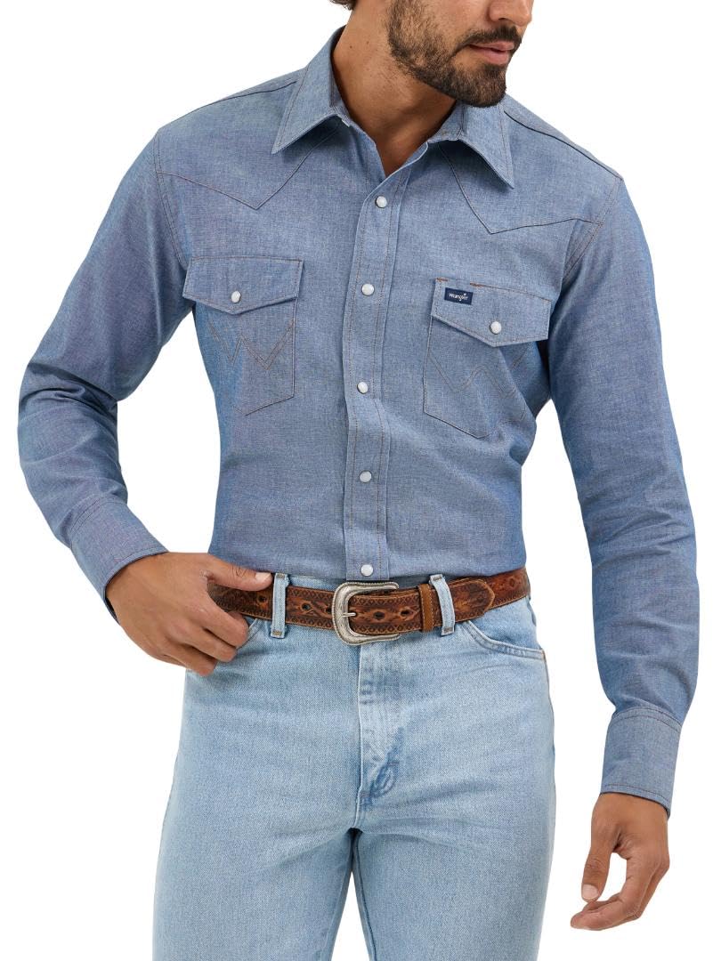 Men's Cowboy Cut Western Chambray Snap Long Sleeve Work Shirt