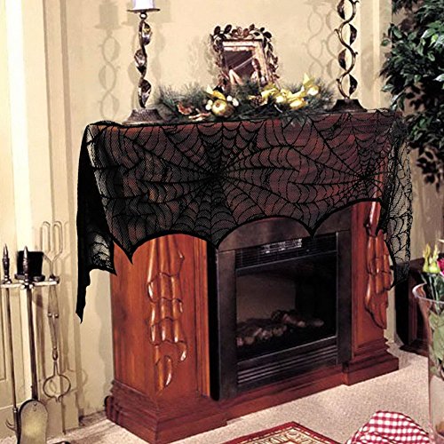 Ourwarm Cobweb Fireplace Scarf Halloween Decoration Black Lace Spiderweb Mantle Scarf Halloween Party Supplies, 18 X 96 Inch (Black) #TOP4