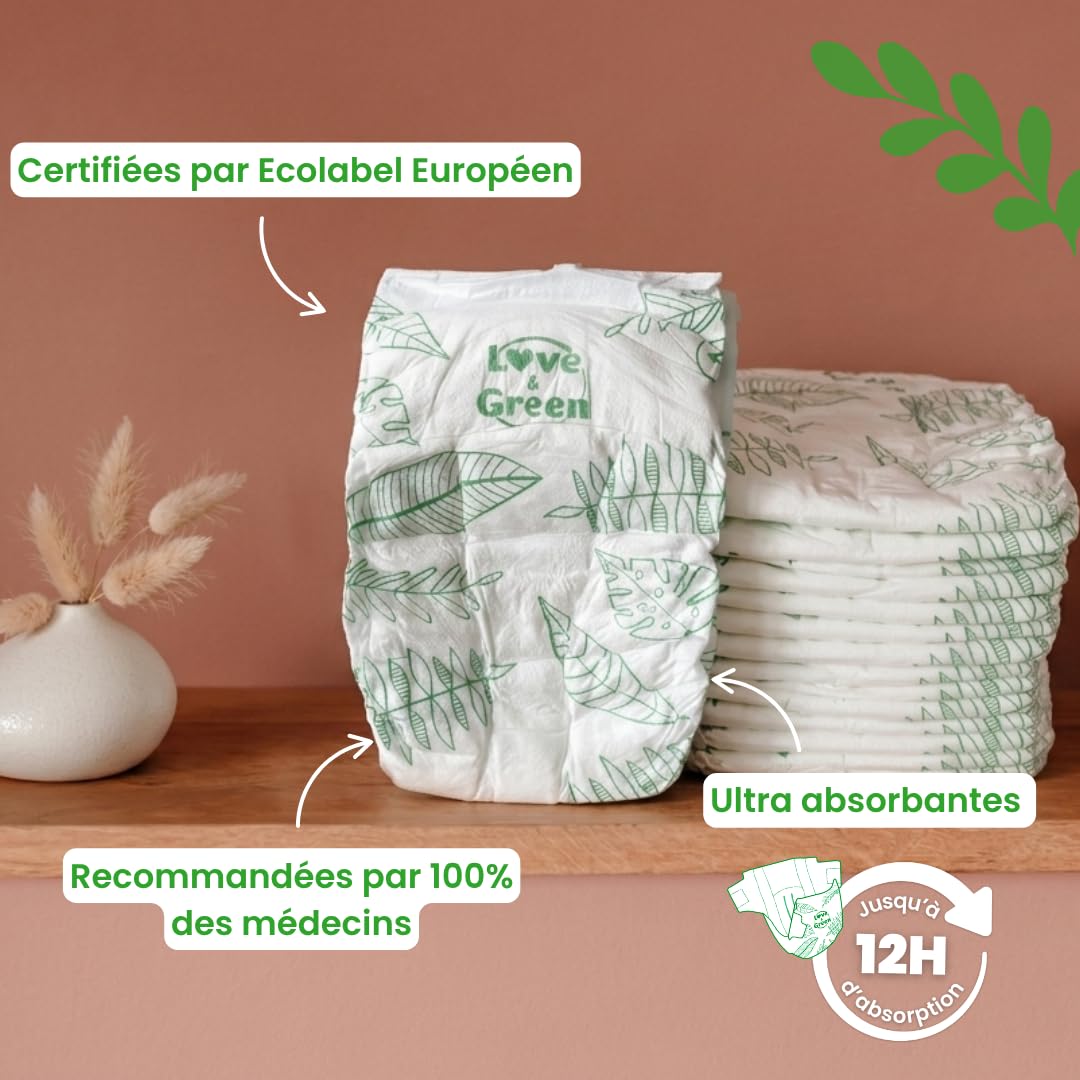 Love & Green Couches Bébé Taille 2 (3-6 kg) 36 couches Absorbante anti-fuites