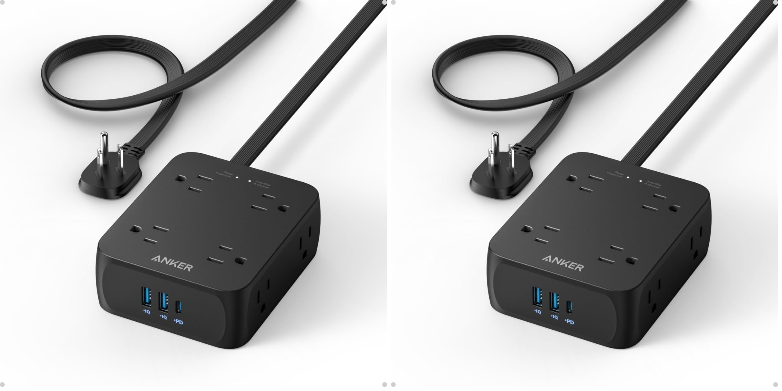 Anker Surge Protector Flat Plug Power Strip 2000J, 10ft Thin Extension Cord, 8 Outlets,2 USB A and 1 USB C Port,20W for iPhone15,Wall Mount,Compact for Home,Office,Room,TUV Listed (Pack of 2) Black 10FT (Pack of 2)