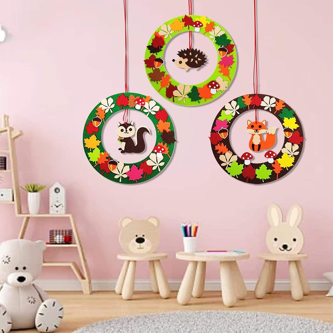 Tikplus Set Fai Da Te Autunnale Per Bambini - 3 Ghirlande In Feltro Con Animali (Riccio, Volpe, Scoiattolo) E Accessori Adesivi - Attività Creativa Per Bambini - 2