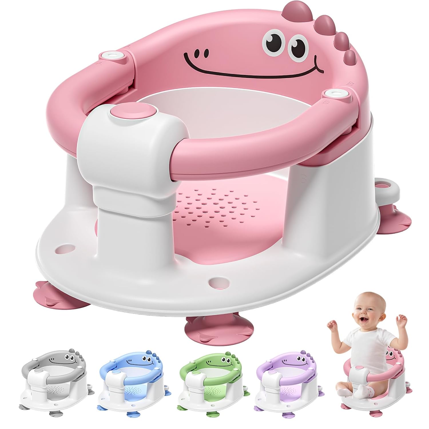 TPN Baby Bath Seat for Babies 6 Months & Up, Non-Slip Toddler Bath Seat with 5 PCS Waterproof Emoji Stickers, Portable Infant Bath Seat for Baby(Pink)