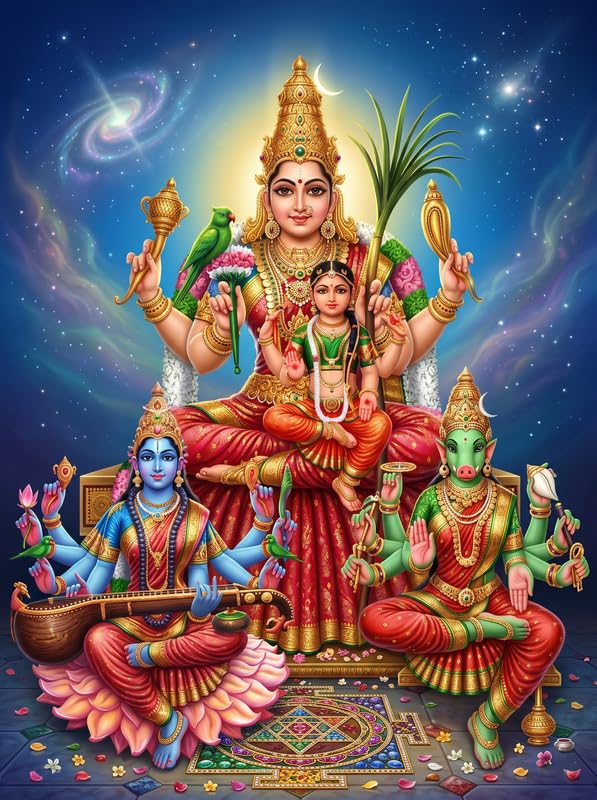 Image of Trisakthi-Lalitha-Tripura-Sundari-With-Bala-Tripourasundari-Shyamala-Devi-And-Varahi-Devi Divine Beauty Digital Print Photo In Artwork Frame (11 x 14 Inch)OR(27.94 X 35.56 Cm) Religious Gifting
