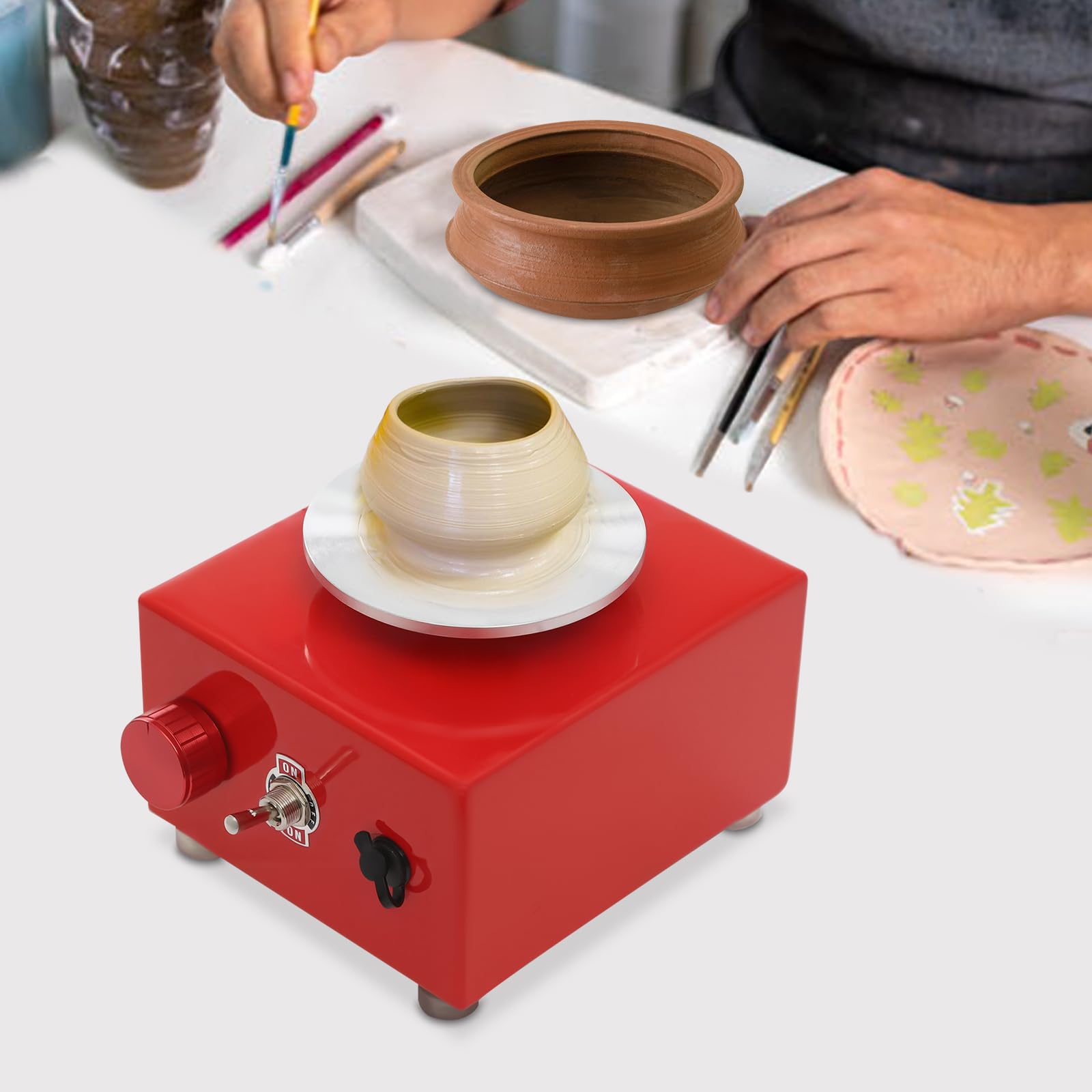 Mini disco da ceramica, macchina per ceramica elettrica, piatto girevole in metallo, 2000 giri/min, ruota in ceramica regolabile, adatta per principianti, appassionati, ecc. (rosso)