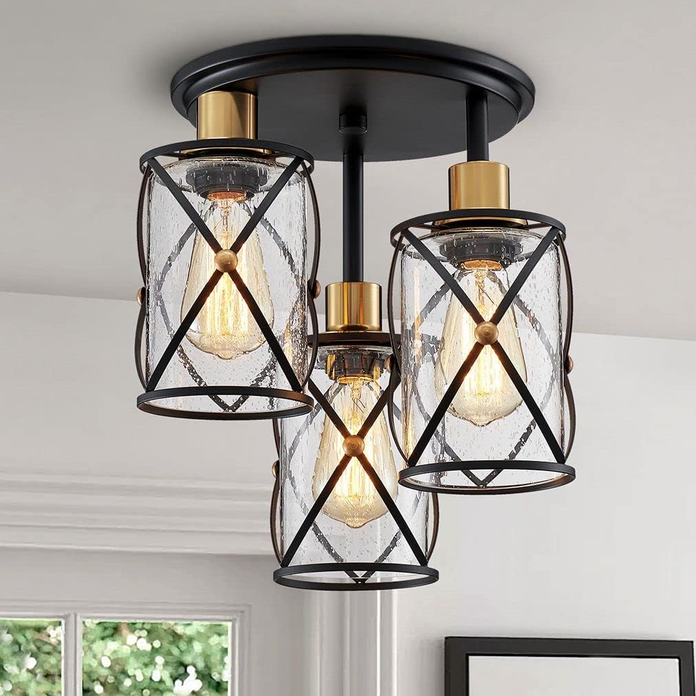 WUZUPS Chandelier Semi Flushmount Industrial 3-Light Ceiling Light Fixture Clear Seeded Glass Shade for Entryway Porch Foyer Kitchen Dining Room Bathroom W11.5 H13.4 E26 Base Black with Brass