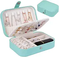 Porta Joias Portátil Encanto em Couro com Botão Organizador Premium para Anéis, Brincos, Colares e Bijuterias Estojo Compacto para Viagens e Uso Diário com Design Sofisticado (Azul)