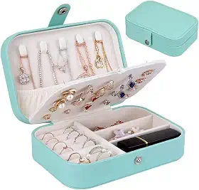 Porta Joias Portátil Encanto em Couro com Botão Organizador Premium para Anéis, Brincos, Colares e Bijuterias Estojo Compacto para Viagens e Uso Diário com Design Sofisticado (Azul)