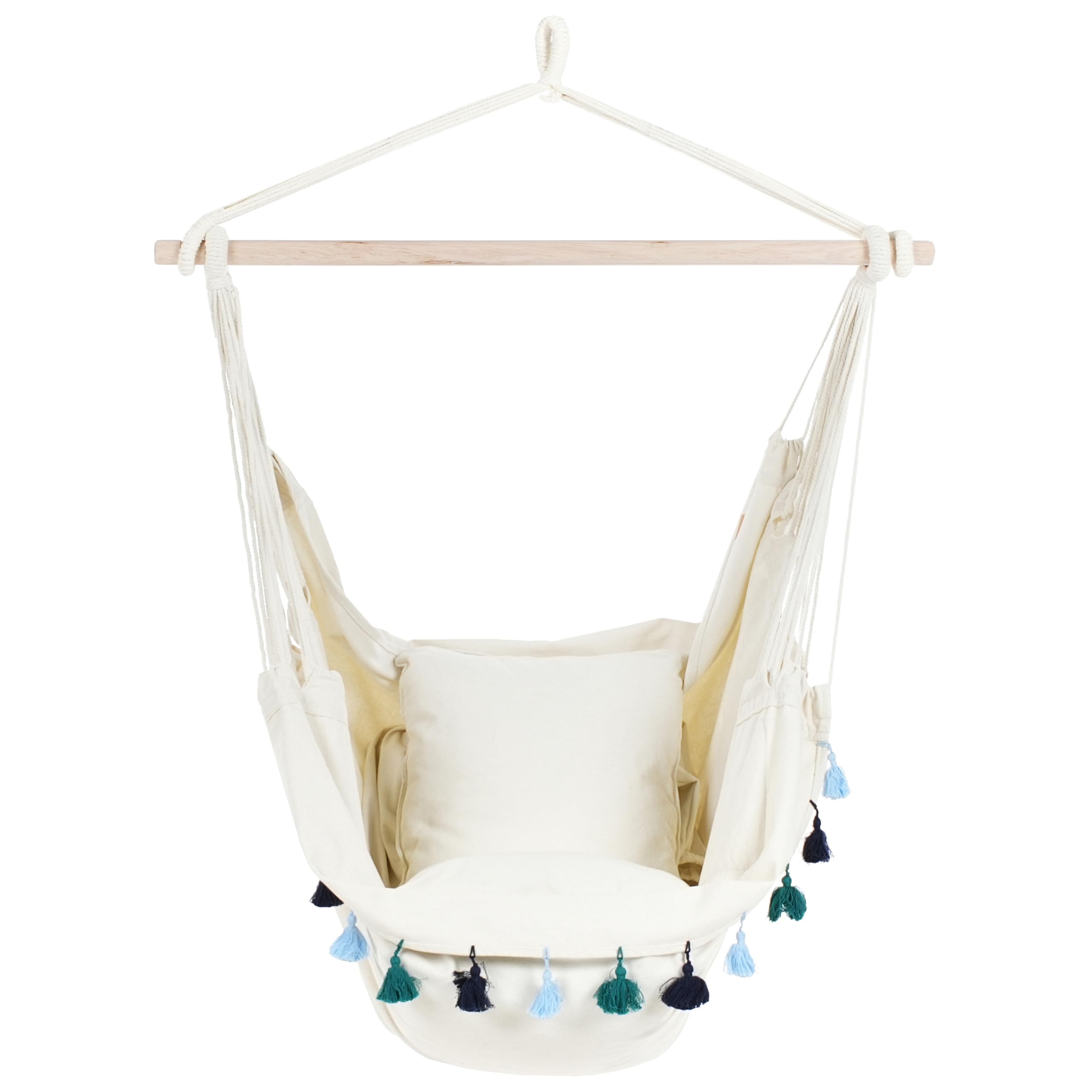 Chaise Hamac Boho Suspendu avec Coussins et Pompons en Coton Beige et Bleu Varena