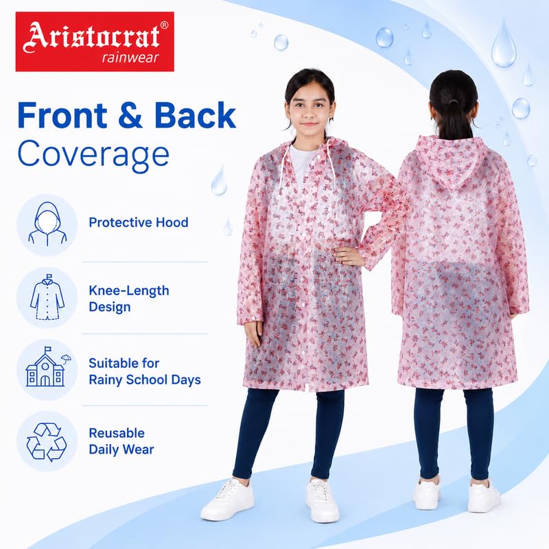 Image of Aristocrat Kids Humpty Dumpty Waterproof Raincoat with Hood | Knee Length Rainwear for Boys & Girls | Regular Fit Rain Jacket with Two Front Pockets | All-Weather Protection Rainwear