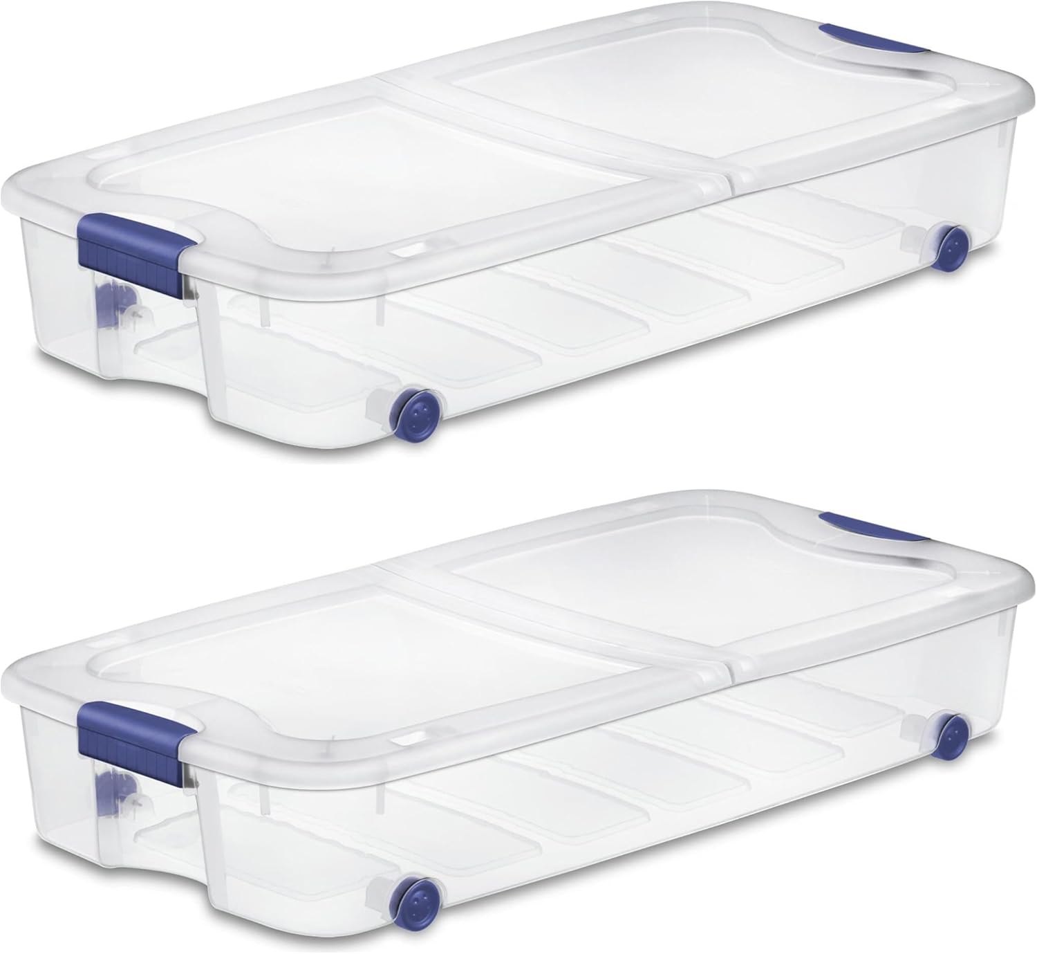 2-Pack 66 Qt Large Clear Underbed Storage Bins with Wheels & Latching Lid- Slim Profile Stackable Plastic Containers for Bedroom, Closet, Seasonal Clothes, Blankets, Shoes Organization