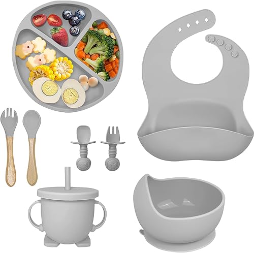Hoidokly Juego de alimentación para bebés, 8 piezas de suministros de destete LED de silicona para bebés, incluye taza de bebé, cuenco, babero