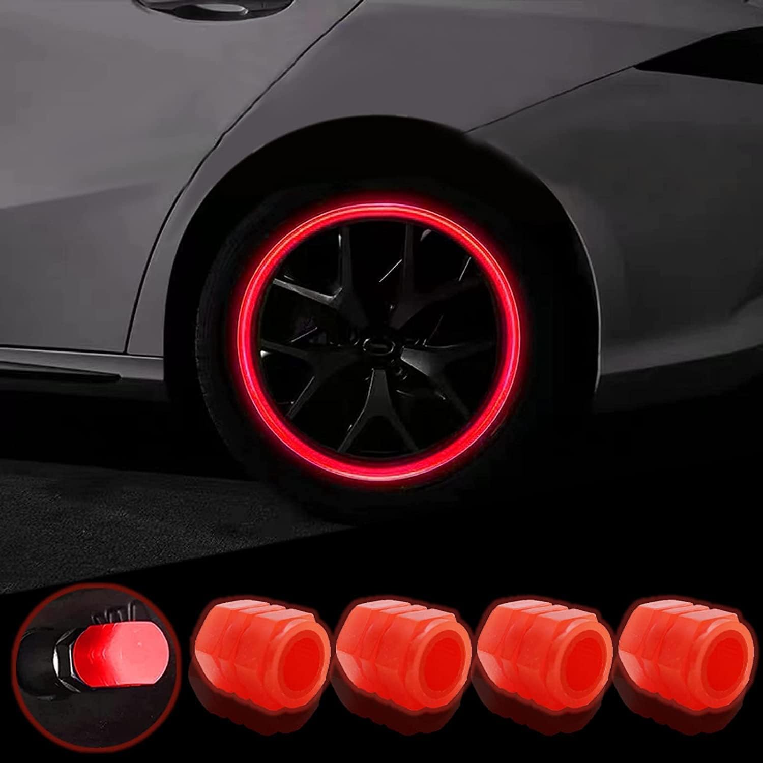 Tire Valve Stem Caps Universal for Car, Bikes, Trucks, Luminous Fluorescent Glow in The Dark Air Cover, Tire Pressure Radium Caps, Modification & Decoration Accessories, Orange Color,(Pack Of 4)