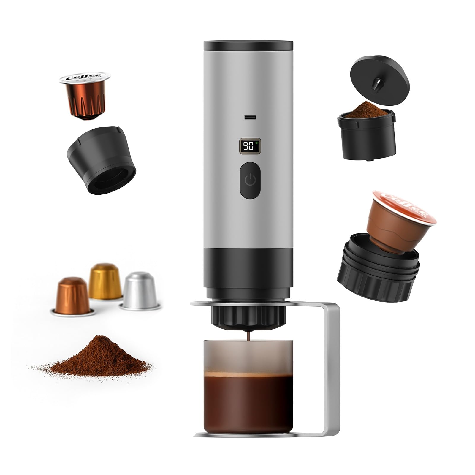 MMOBIEL Cafetera Portátil Máquina de Café Espresso de Eléctrica con Soporte, Auto-Calentable & USB-C Recargable – Compatible con Café Molido & Cápsulas para Viaje, Camping, Hogar, Coche, Oficina