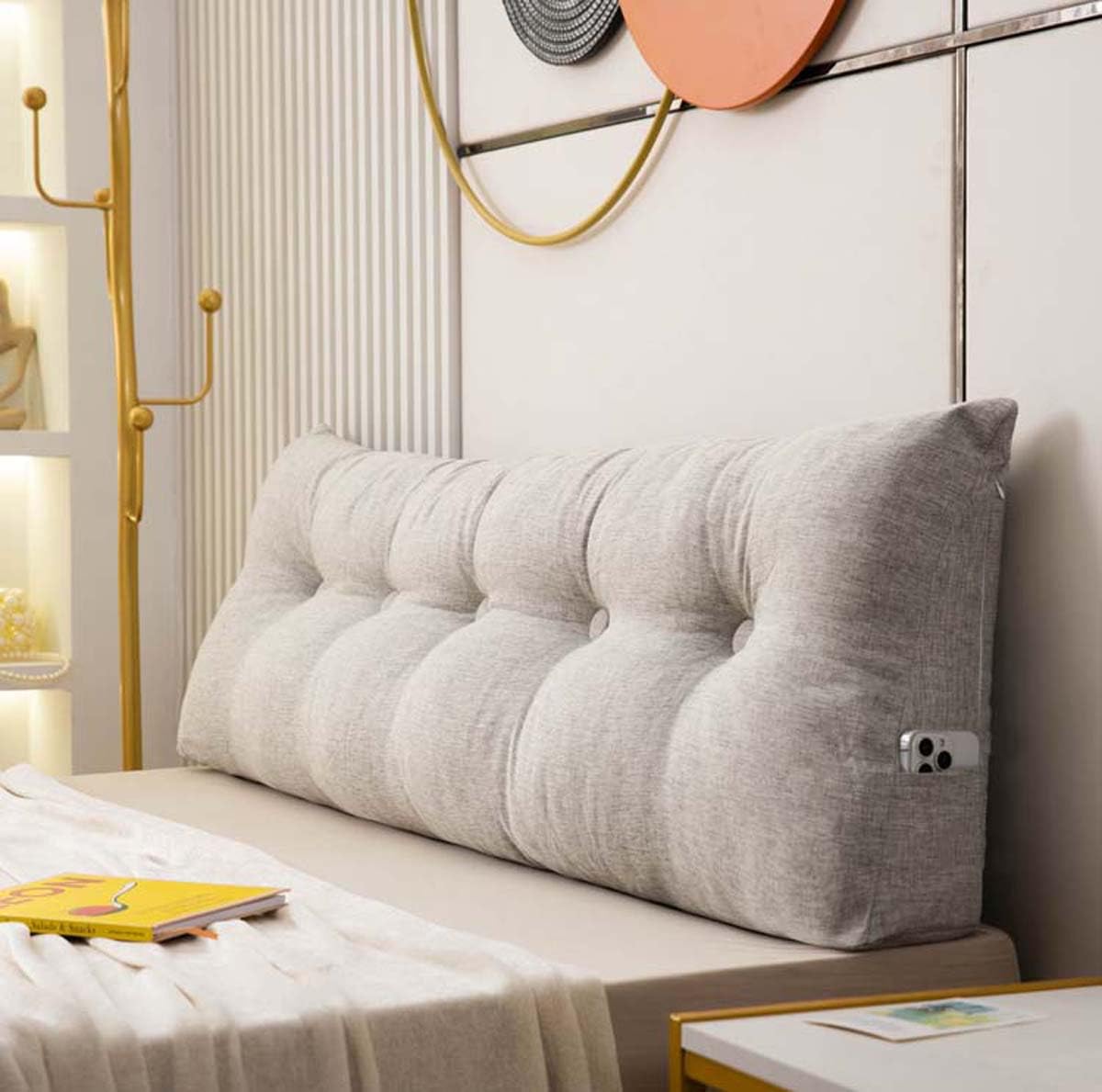 Almohada de lectura triangular de lino transpirable con funda extraíble, almohada de posicionamiento grande para cama, cabecero y sofá
