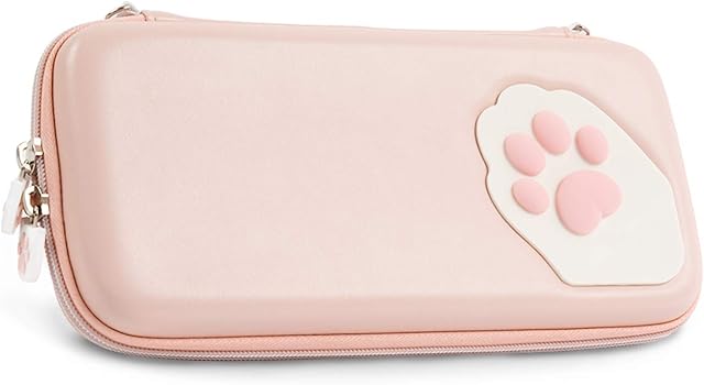 Geekshare Pink Cute Cat Paw Case for Nintendo Switch/Switch OLED Model (2021), Portable Hardshell Slim Travel Carrying Case fit Switch Console & Game Accessories - A Removable Wrist Strap (Pink)