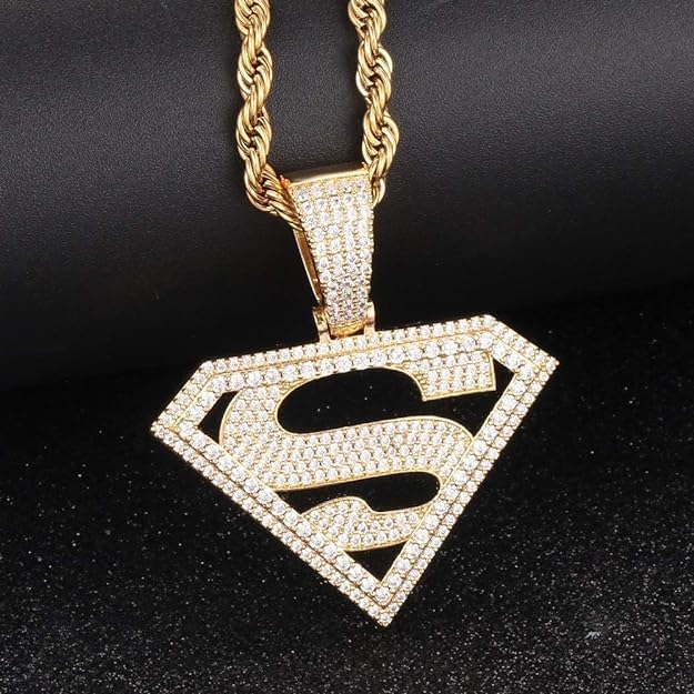 14K/White Gold Plated Diamond Shape Cubic Zirconia Superhero Pendant Necklace Hip Hop Full Iced CZ Out Pendant With 24'' Stainless Steel Franco Chain For Men Women3