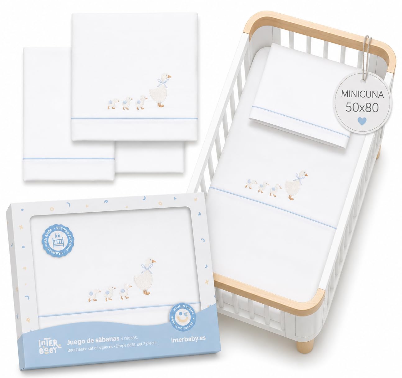 Sabanas Minicuna 50x80 100% Algodon Transpirables Lavables con Sabana Bajera Ajustable para Recien Nacidos Textil Suave Descanso Bebes + Encimera y Funda Almohada Patitos AzulPrimavera Verano