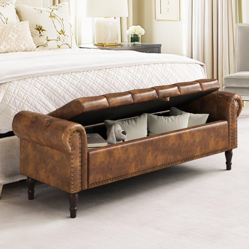 Image of 3-Seater Upholstered Ottoman Bench with Storage | Caramel |62.4 x 20.1 x 20.7 Inch| Elegant Multi-Purpose with 6-Inch Wooden Legs for Living Room, Bedroom, Entryway