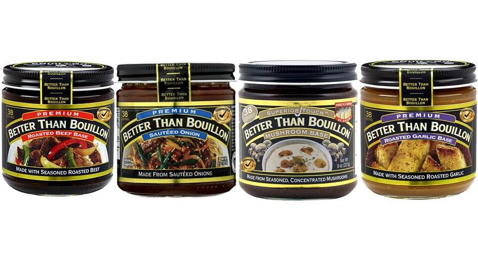 Better Than BouillonClassic Stew Variety Pack: Roasted Beef, Sauteed Onion, Mushroom, Roasted Garlic Bases 8oz (4 Pack, 1 each)