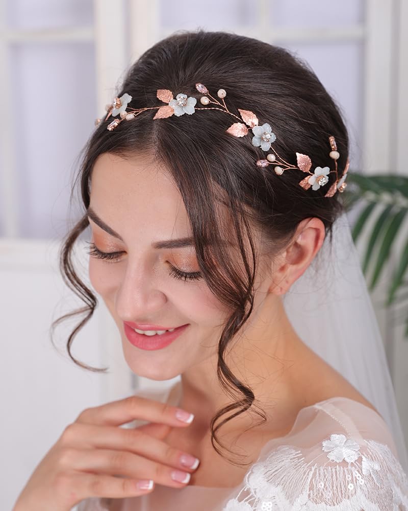 Haarband mit rosegoldenem Blatt und weißer Blume, für Hochzeit, Braut, Brautjungfer, handgefertigtes Stirnband, Haar-Accessoires