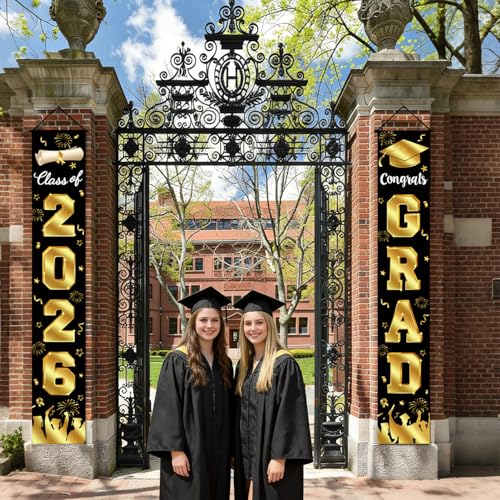 Image of Graduation Decorations 2026 Porch Banner, Graduation Banner Class of 2026, Black and Gold Congrats Grad Decorations for Door and Porch Party Supplies