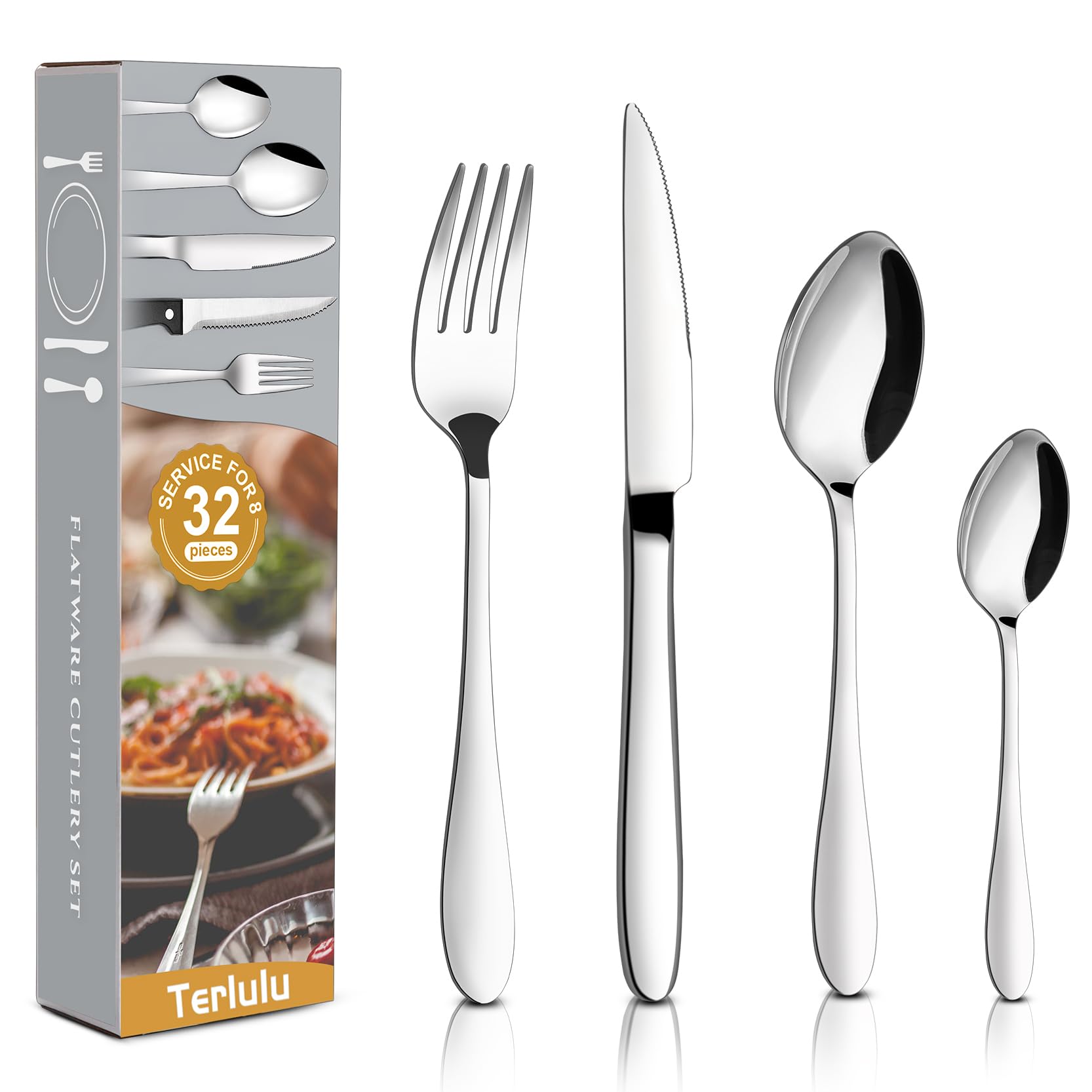 Cutlery Set, 32 Piece Stainless Steel Flatware Set, Tableware Silverware Set with Spoon Knife and Fork Set, Mirror Polished, Dishwasher Safe - Service for 8